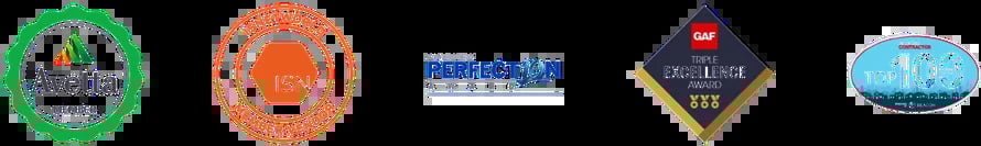 Five award and certification badges in circular and geometric shapes, featuring green, orange, blue, gold, and light blue colors